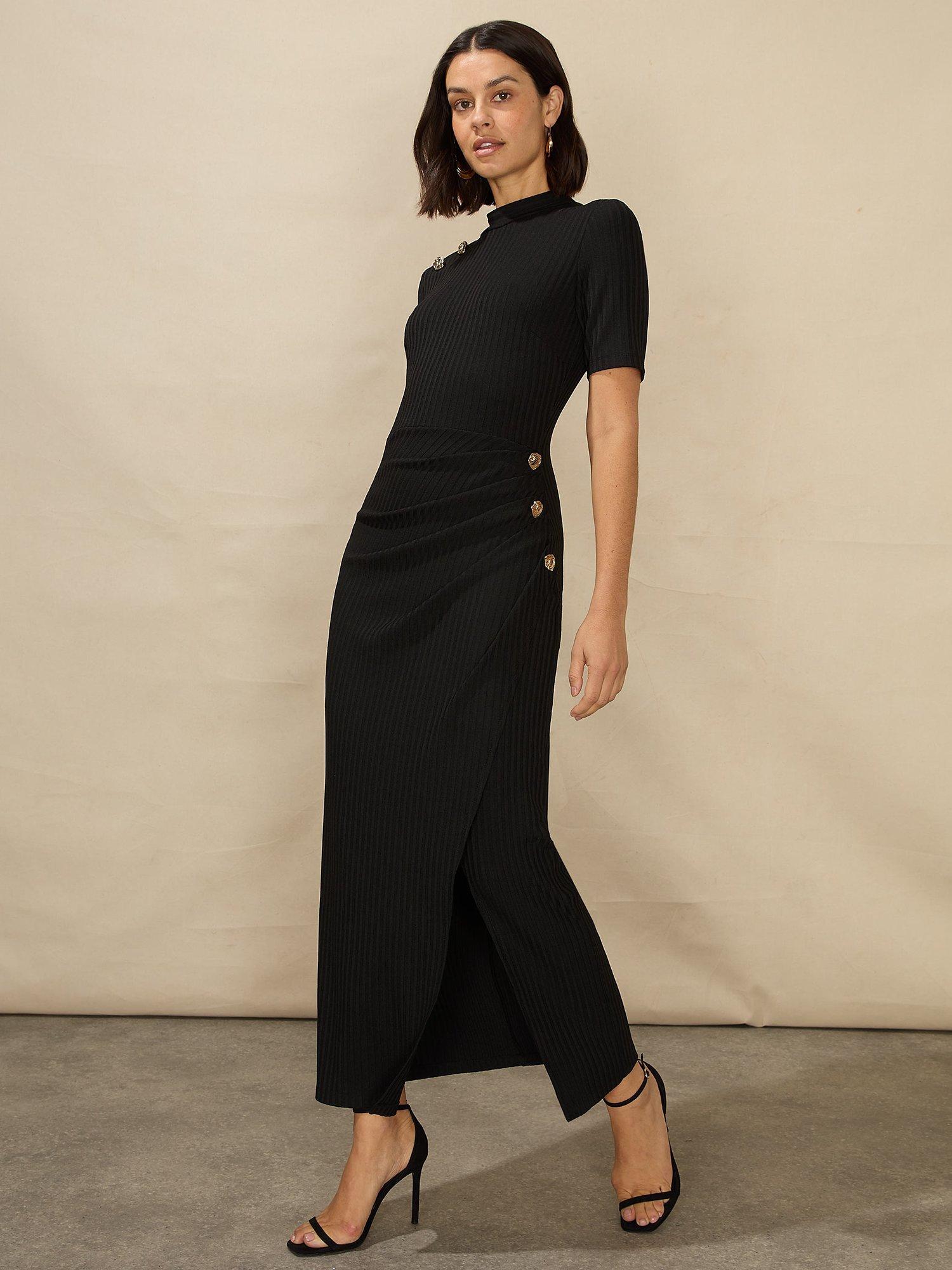 Ro&Zo Petite Ribbed Split Front Midi Dress, Black