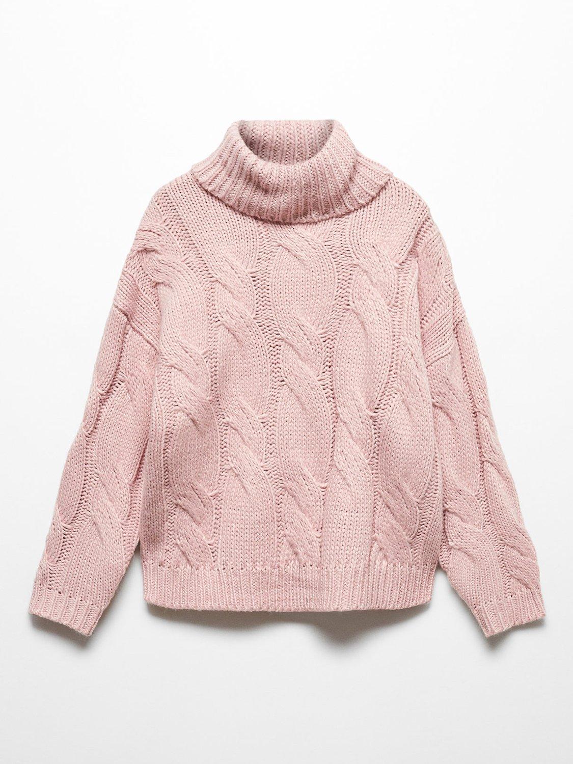 Product image 1 of 3, which shows Mango Kids' Sacher Cable Knit Turtle Neck Jumper, Pastel Pink, 13-14 years