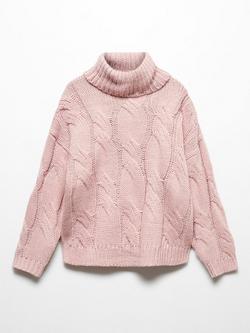 Mango Kids' Sacher Cable Knit Turtle Neck Jumper, Pastel Pink
