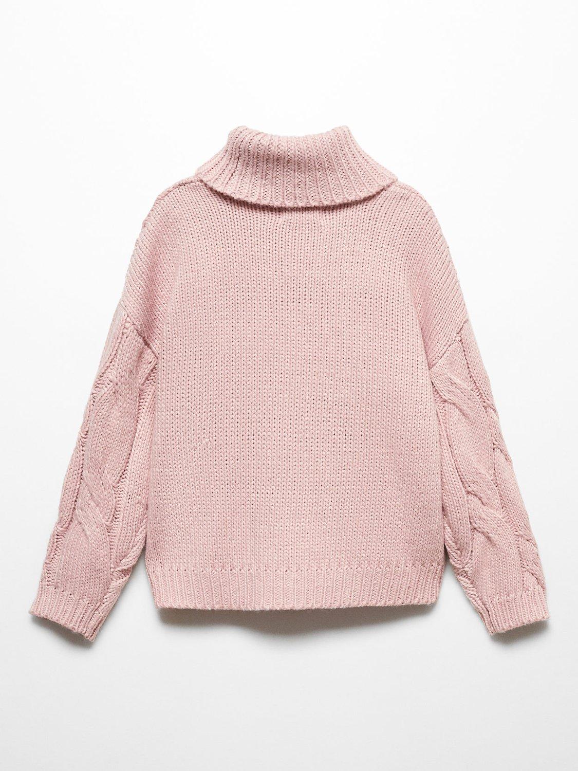 Product image 3 of 3, which shows Mango Kids' Sacher Cable Knit Turtle Neck Jumper, Pastel Pink, 13-14 years