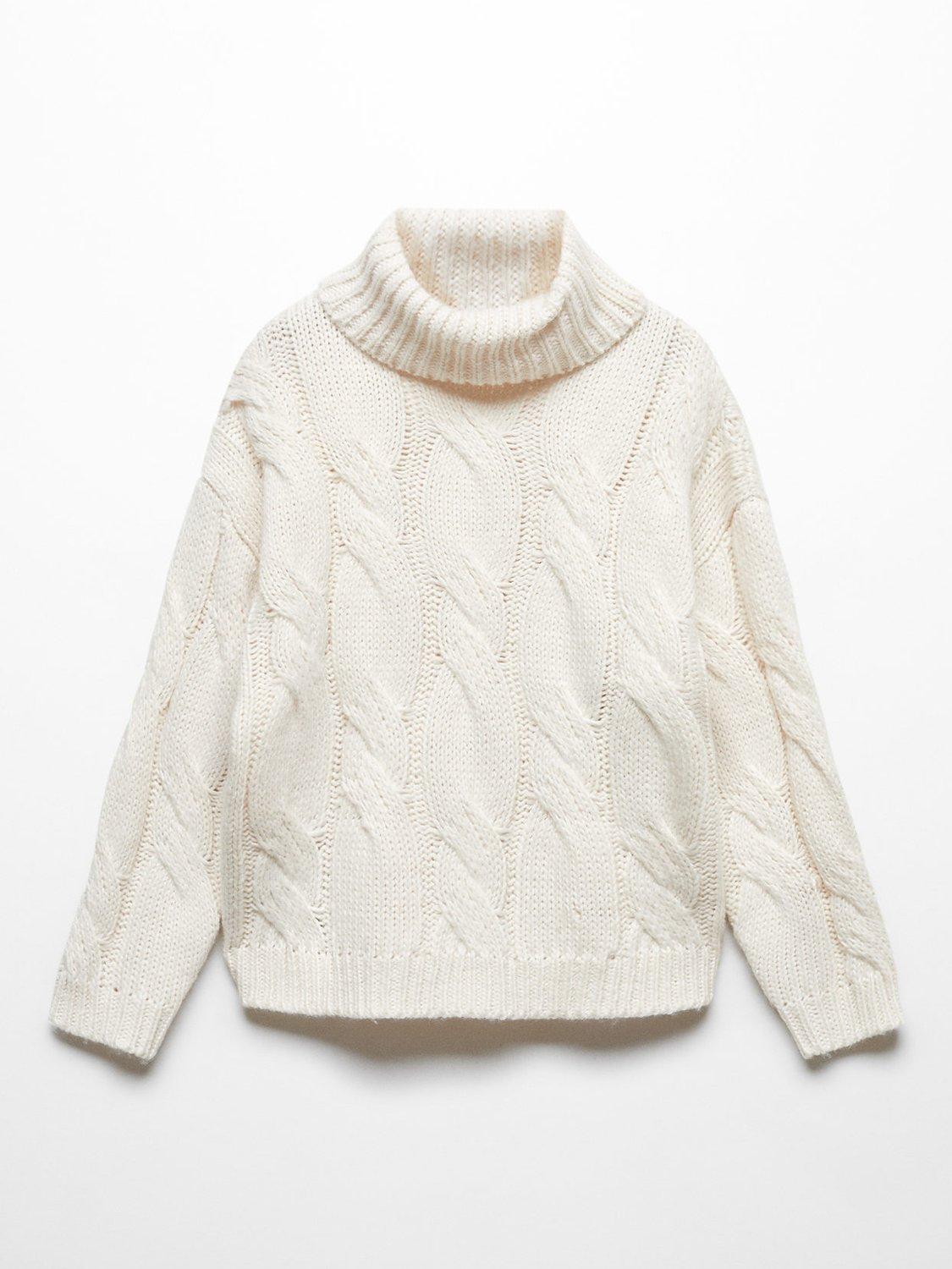 Product image 1 of 4, which shows Mango Kids' Sacha Cable Knit High Neck Jumper, Light Beige, 13-14 years