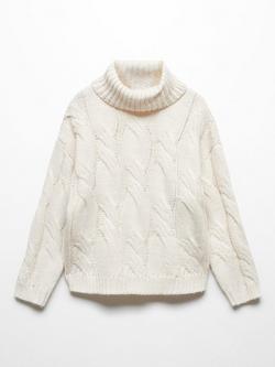 Mango Kids' Sacha Cable Knit High Neck Jumper, Light Beige, Light Beige