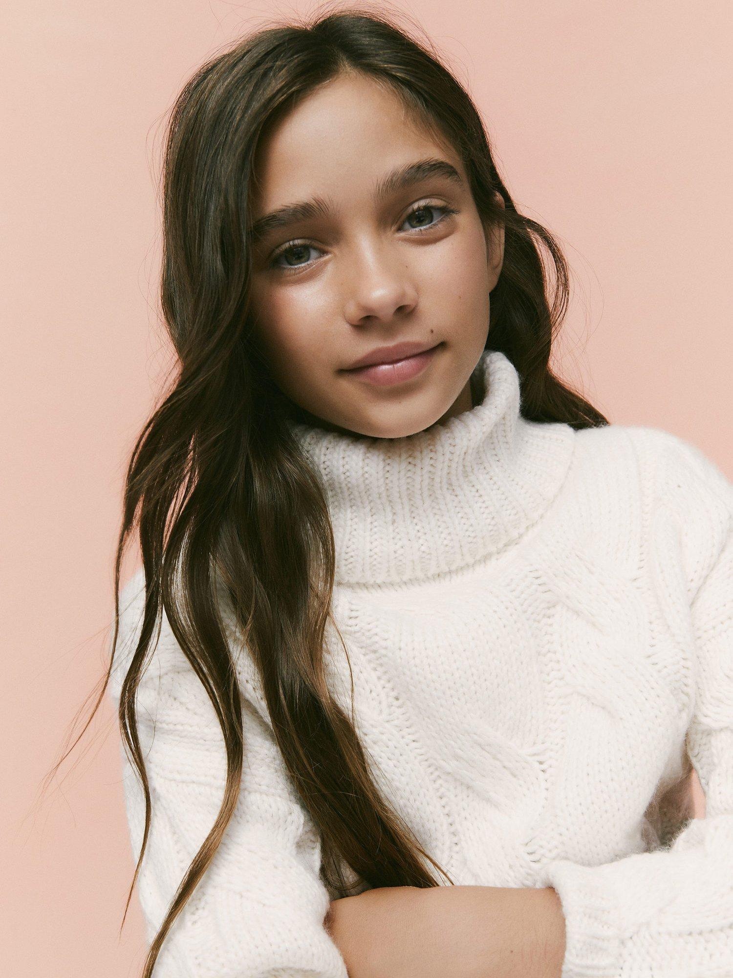 Product image 2 of 4, which shows Mango Kids' Sacha Cable Knit High Neck Jumper, Light Beige, 13-14 years