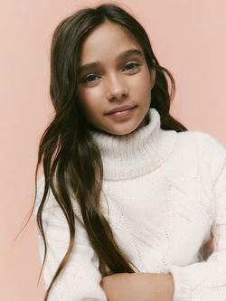 Mango Kids' Sacha Cable Knit High Neck Jumper, Light Beige - view 2, Light Beige