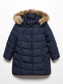 Mango Kids' Carmina Long Quilted Coat, Navy, Navy
