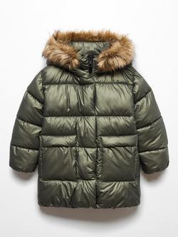 Mango Kids' Kenya Quilted Fur Hood Jacket, Khaki, Khaki