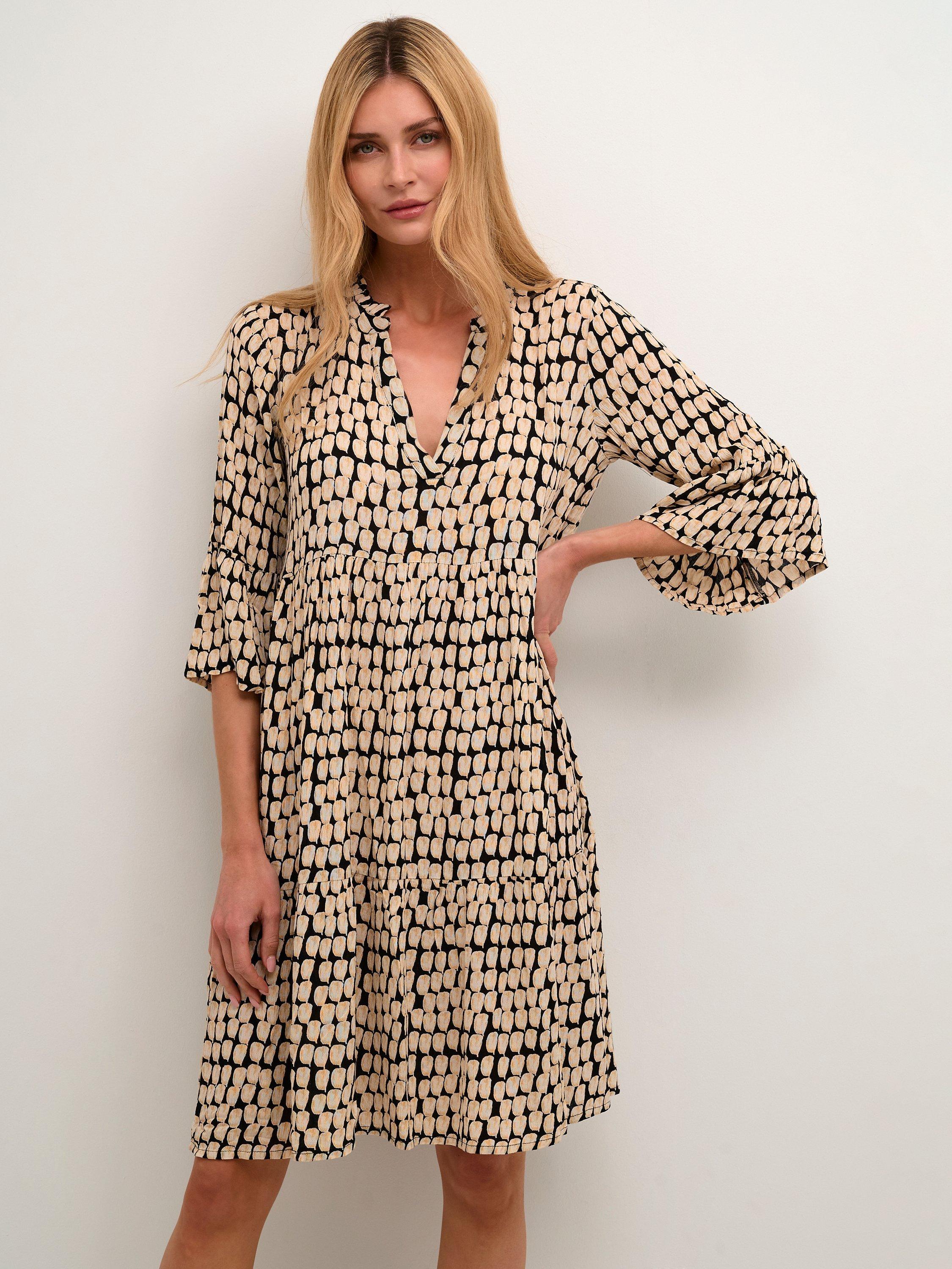 Product image 1 of 6, which shows KAFFE Edita Tiered Knee-Length V-Neck Dress, Black/Sand, 16