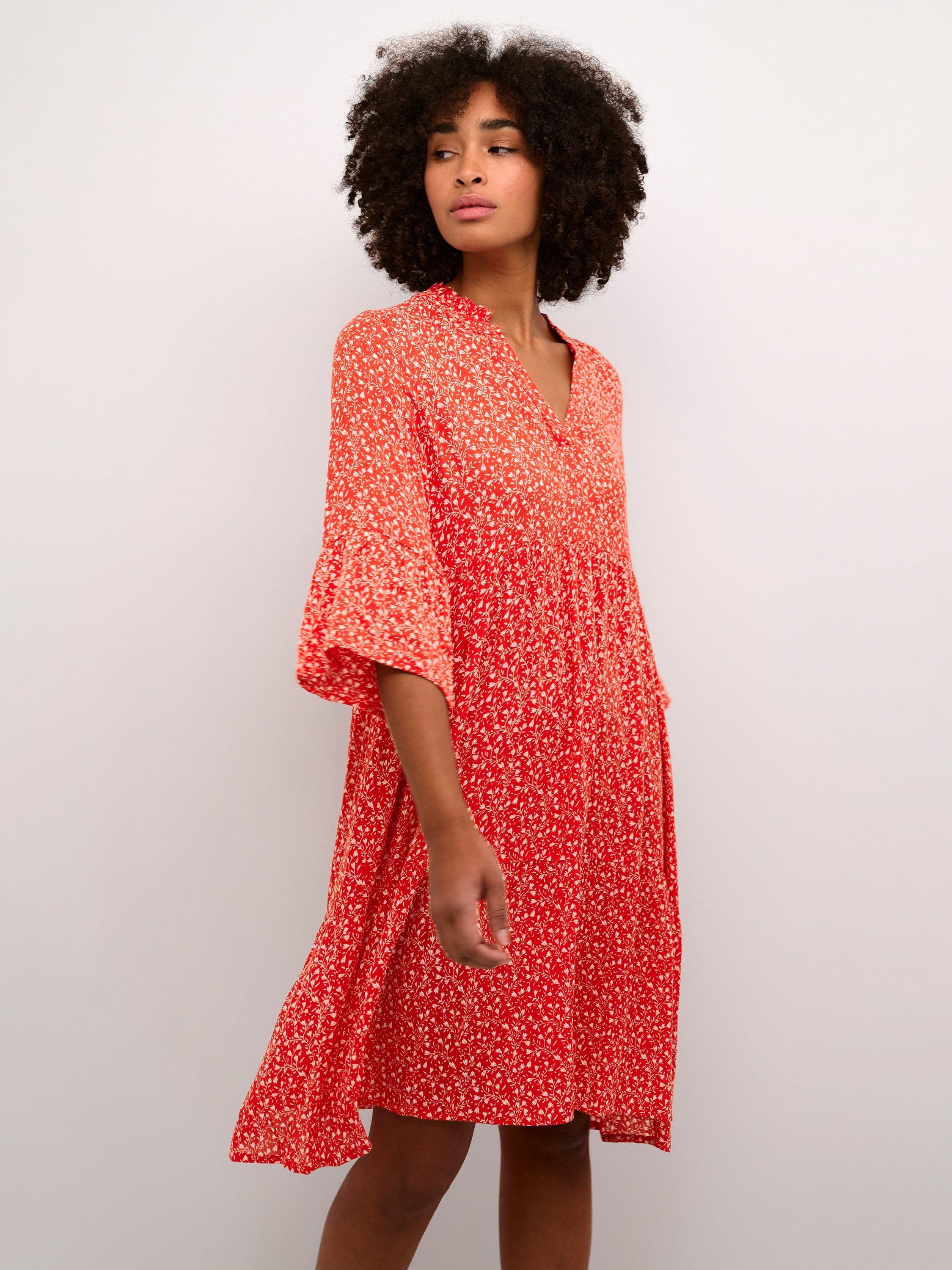 KAFFE Berna Ecovero Knee-Length Loose Fit Dress, Red Petit Fleur
