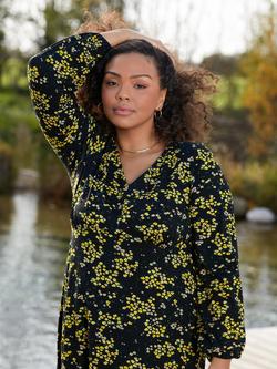 Live Unlimited Curve Ditsy Floral Print Gathered Midi Dress, Yellow/Black, Yellow/Black