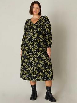 Live Unlimited Curve Ditsy Floral Print Gathered Midi Dress, Yellow/Black - view 2, Yellow/Black