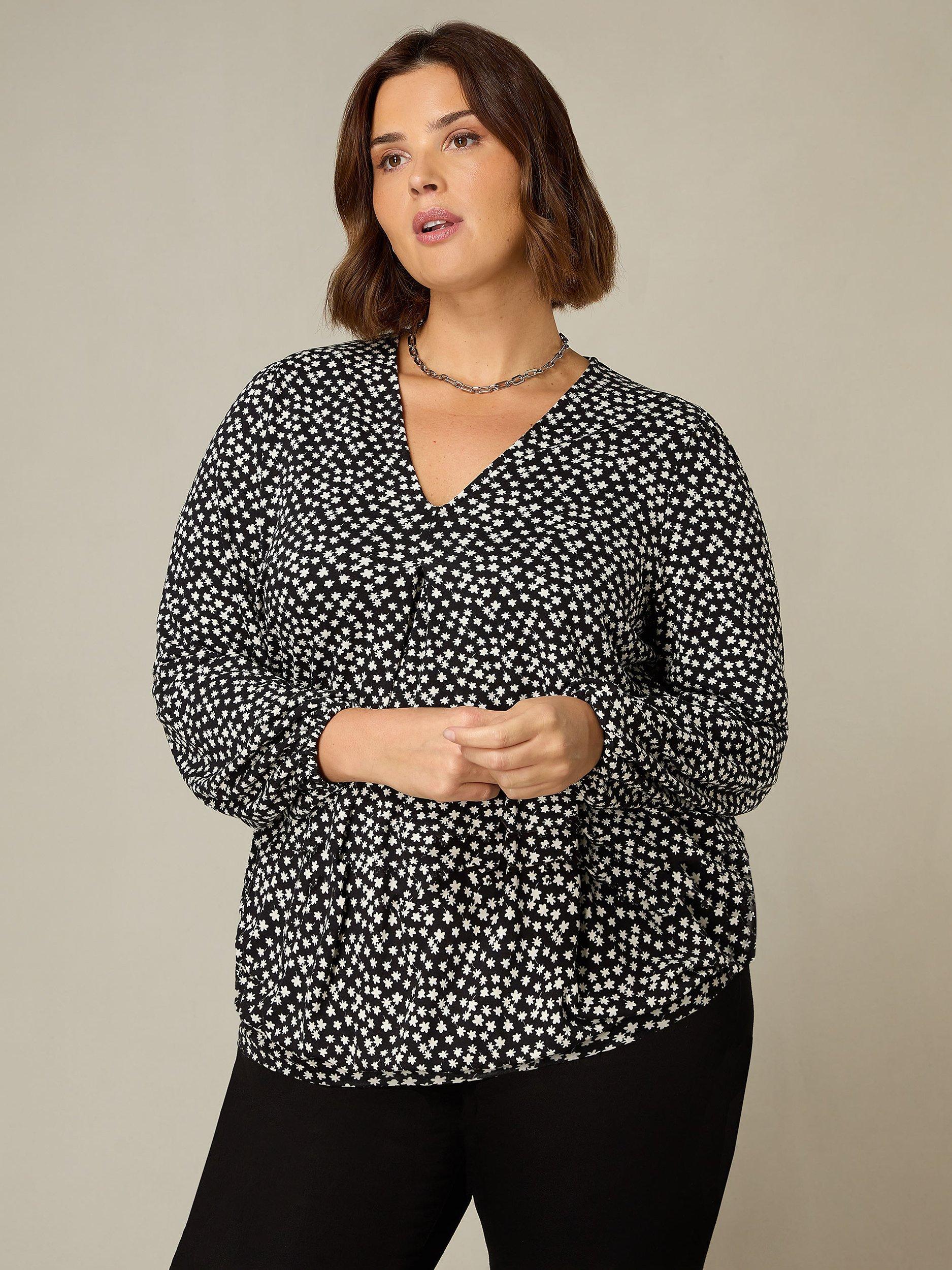 Live Unlimited Curve Ditsy Print Pleat Front Top, Black/White