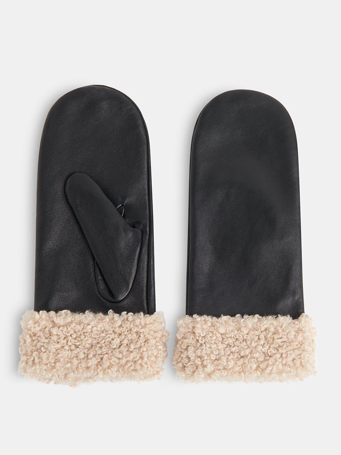 Product image 1 of 3, which shows Whistles Borg Cuff Leather Mittens, Black, S-M