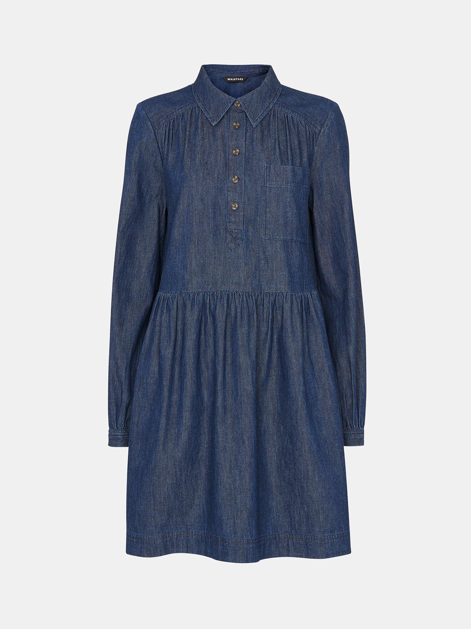 Whistles Winnie Chambray Mini Shirt Dress, Dark Denim, 18