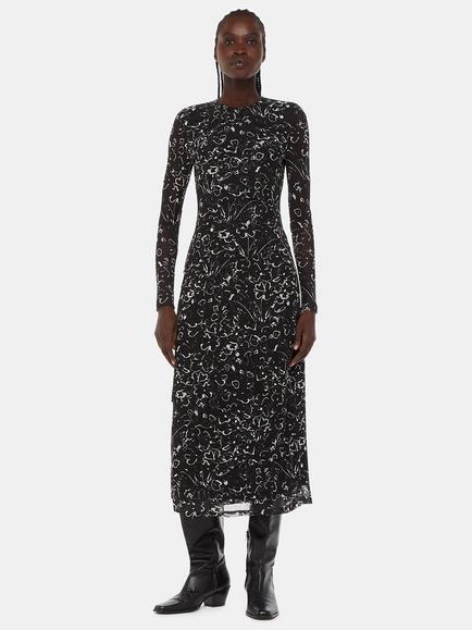 Whistles Scribble Bouquet Midi Mesh Dress, Black/Multi, Black/Multi
