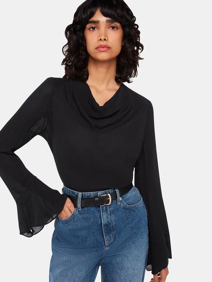 Whistles Pia Plisse Cowl Neck Blouse, Black, Black