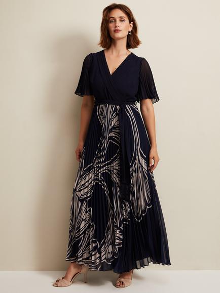 Phase Eight Abigail Leaf Print Pleated Midaxi Dress, Multi, Multi-coloured