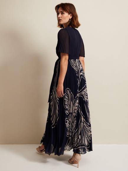 Phase Eight Abigail Leaf Print Pleated Midaxi Dress, Multi - view 2, Multi-coloured