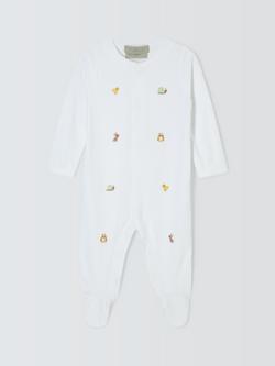 John Lewis Heirloom Collection Baby Woodland Animals Embroidered Pima Cotton Sleepsuit, White, White