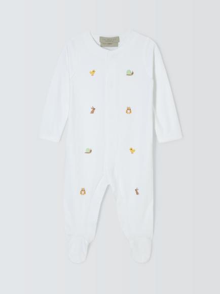 John Lewis Heirloom Collection Baby Woodland Animals Embroidered Pima Cotton Sleepsuit, White, White