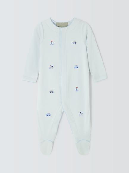 John Lewis Heirloom Collection Baby Transport Toys Embroidered Pima Cotton Sleepsuit, Blue, Blue