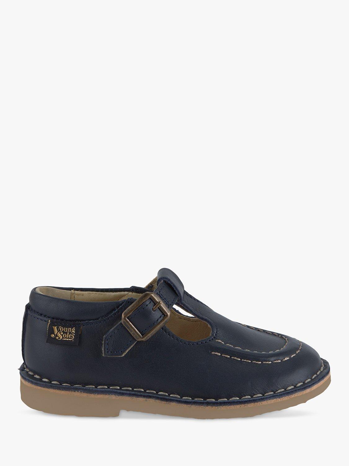 Product image 1 of 3, which shows Young Soles Kids' Parker T-Bar Leather Shoes, Navy, 1