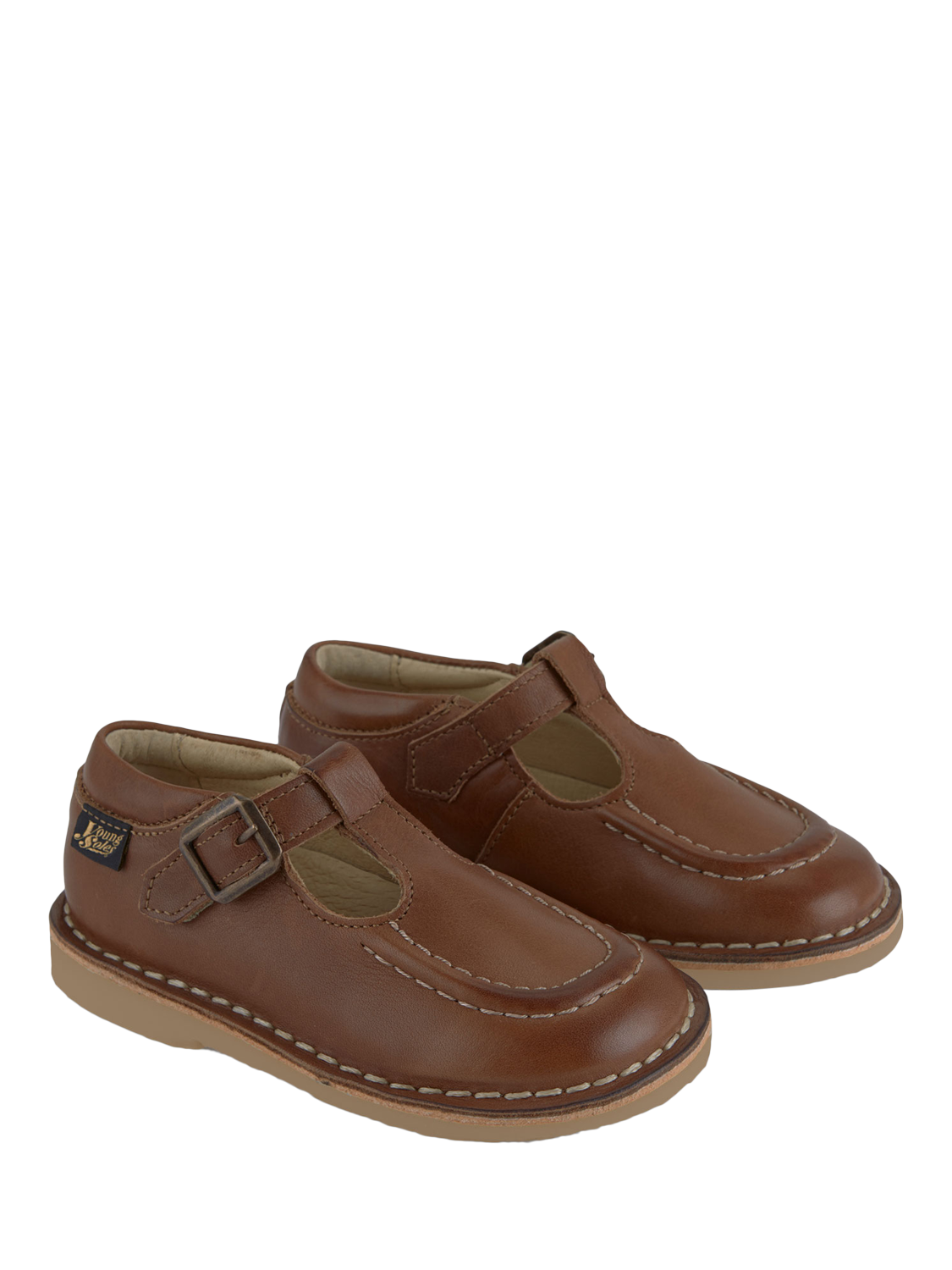 Product image 2 of 3, which shows Young Soles Kids' Parker T-Bar Leather Shoes, Tan Burnished, 1