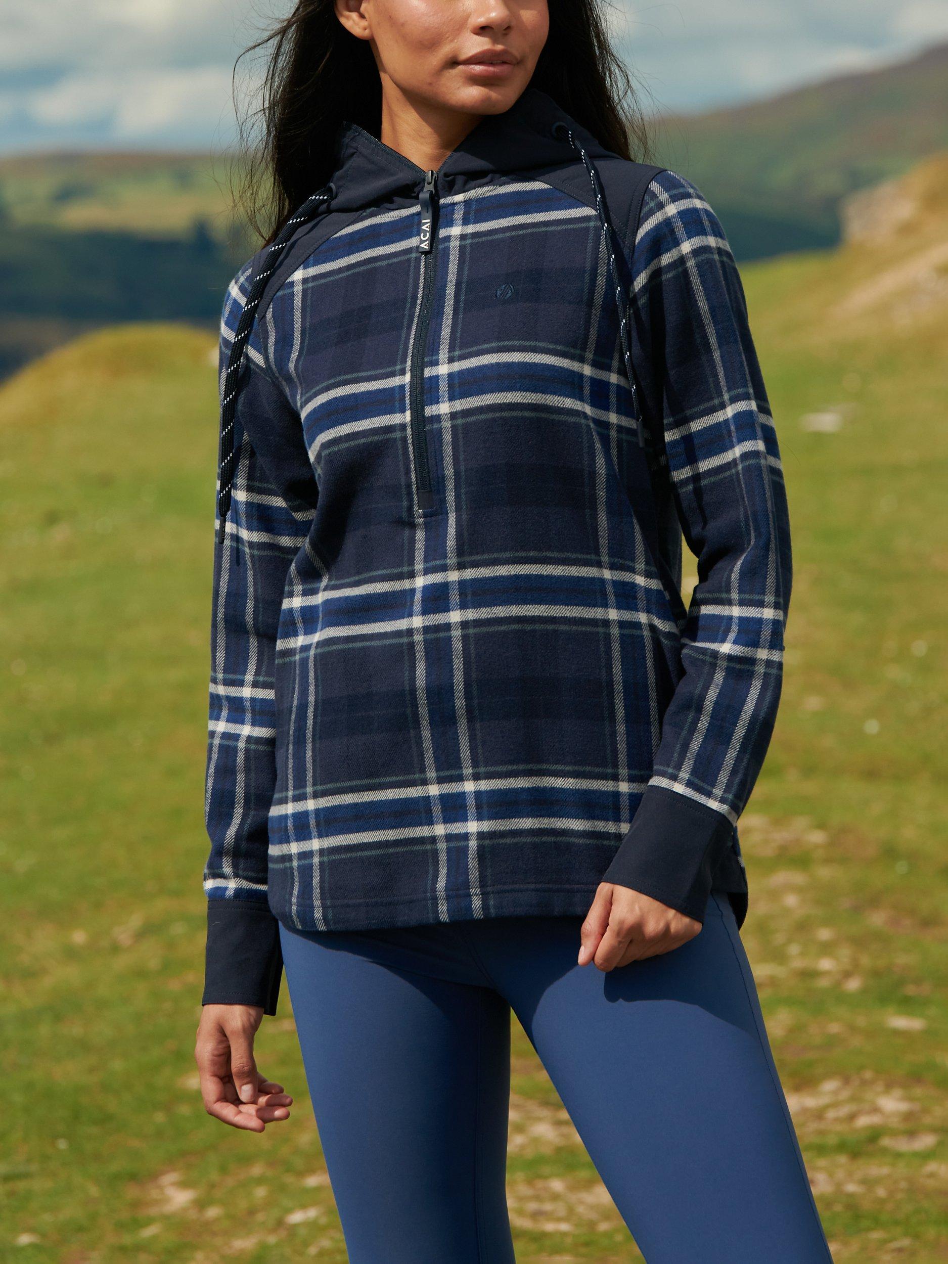 Product image 1 of 7, which shows ACAI Boyfriend Check Hoodie, Deep Navy, XS