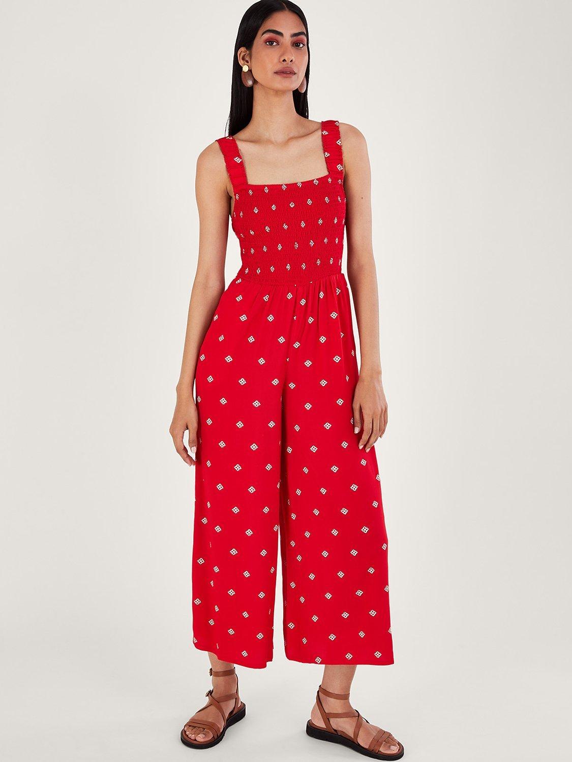 Monsoon Geometric Print Cut-Out Back Jumpsuit, Red, S