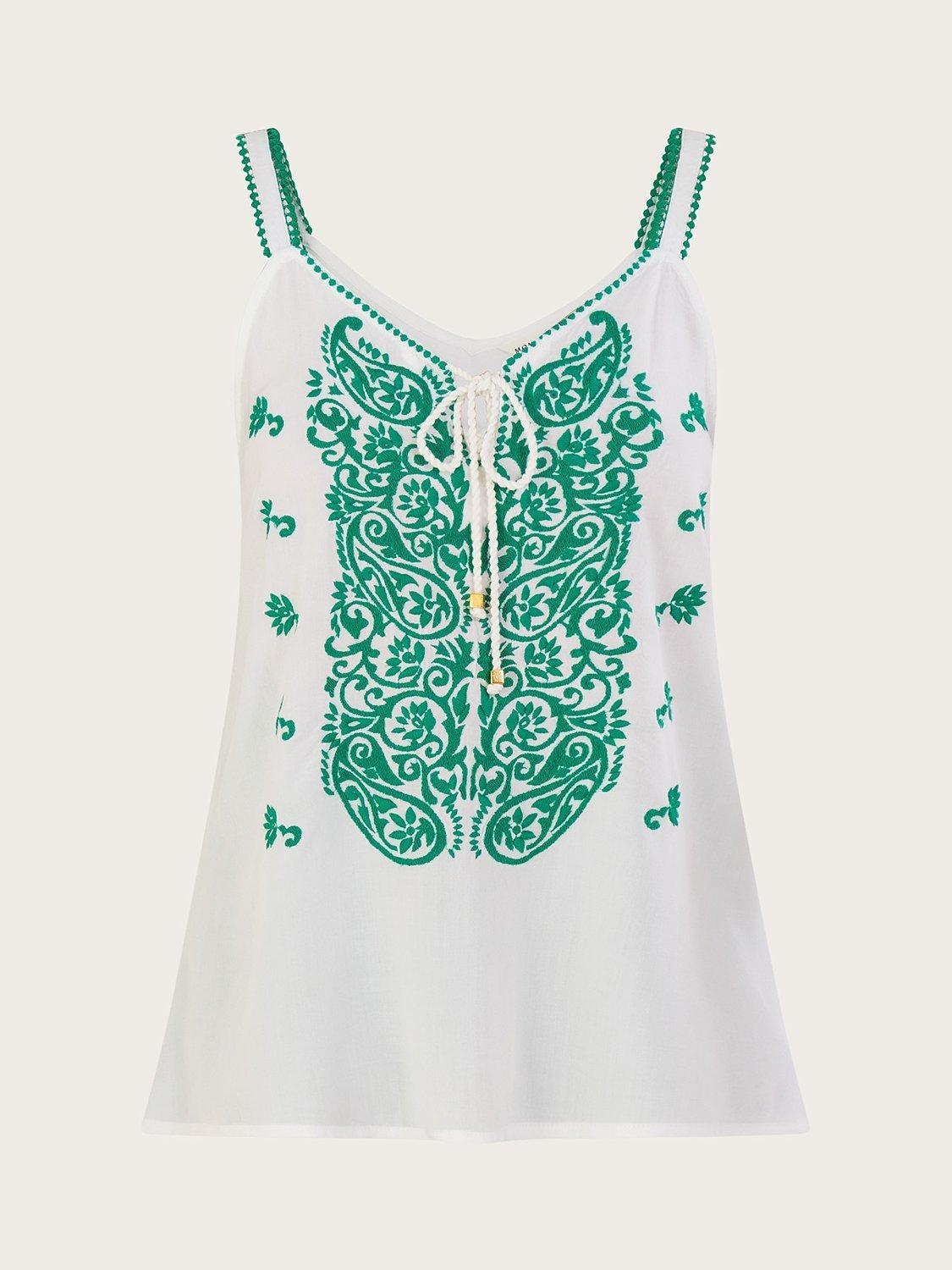 Monsoon Embroidered Paisley Floral Cami Top, Green, S