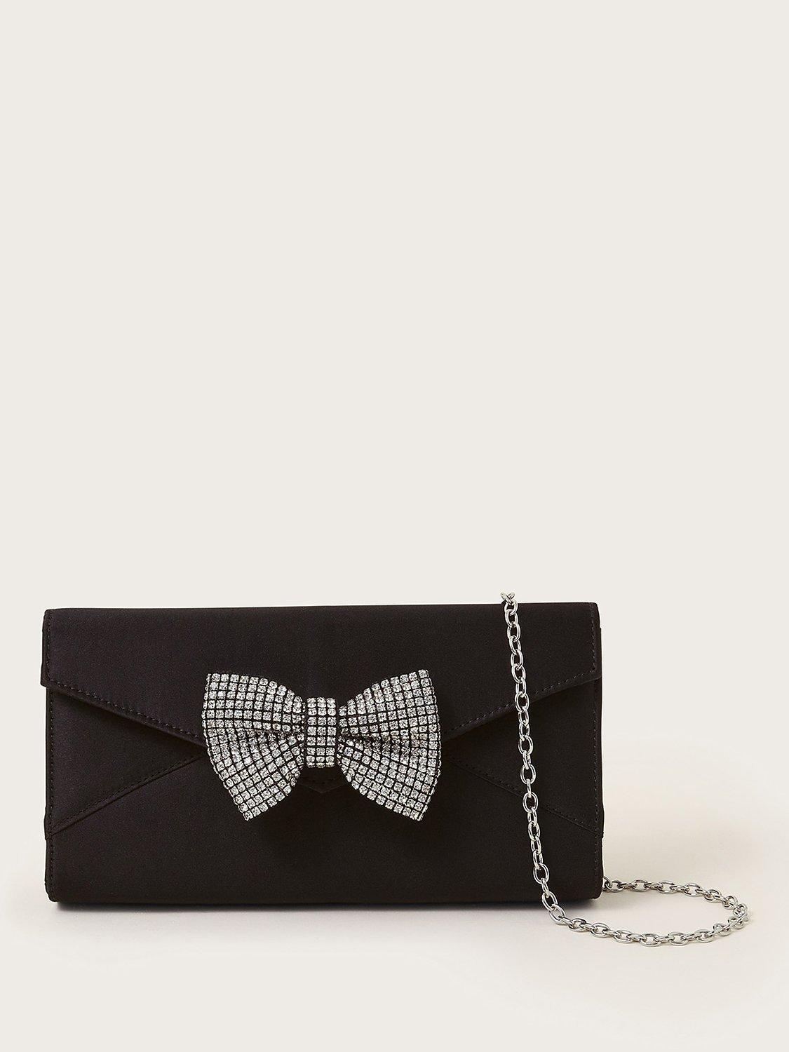 Monsoon Diamante Taffeta Bow Envelope Bag, Black