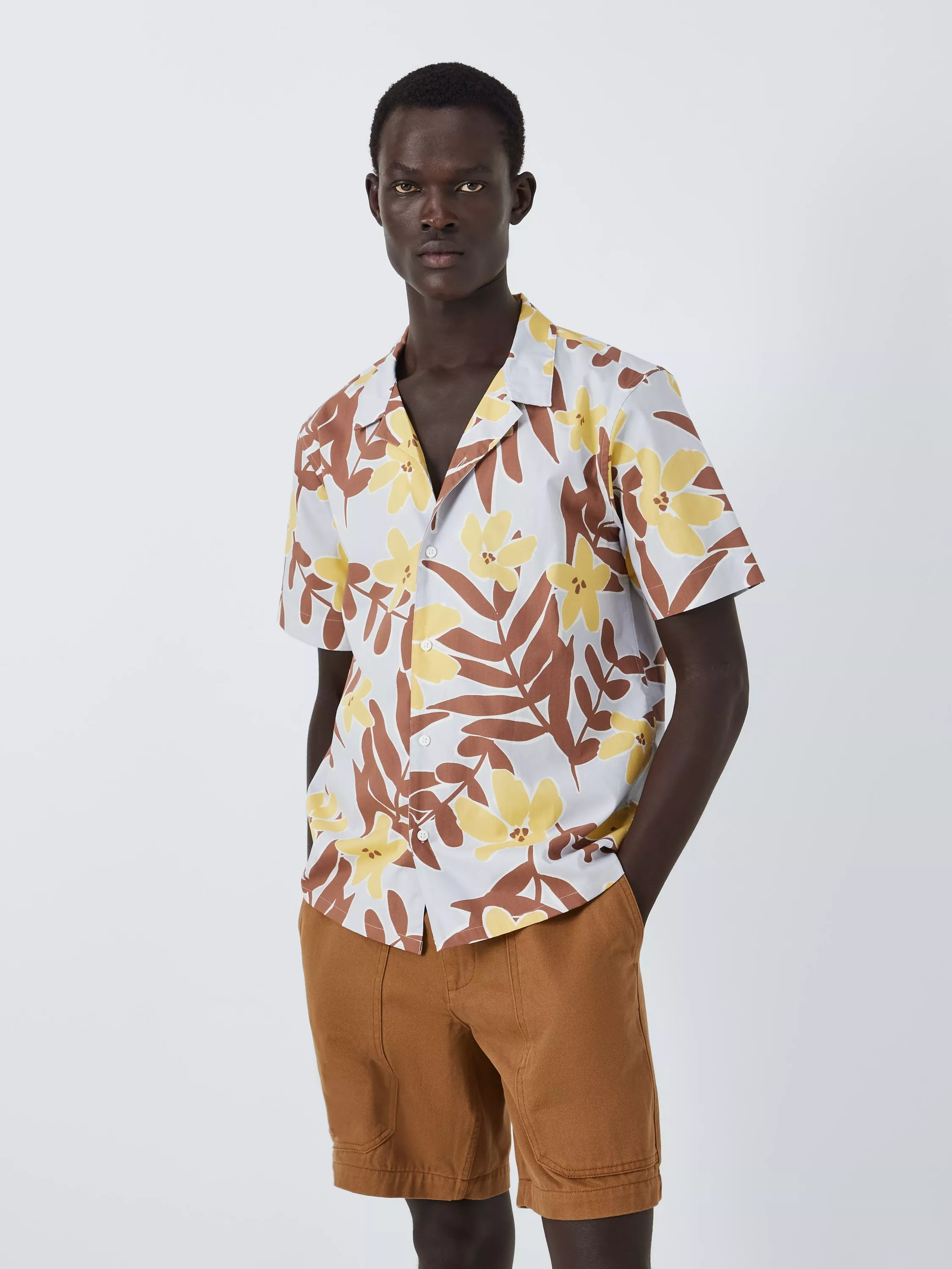 John Lewis ANYDAY Leafy Print Revere Collar Resort Shirt Zen Blue Brown