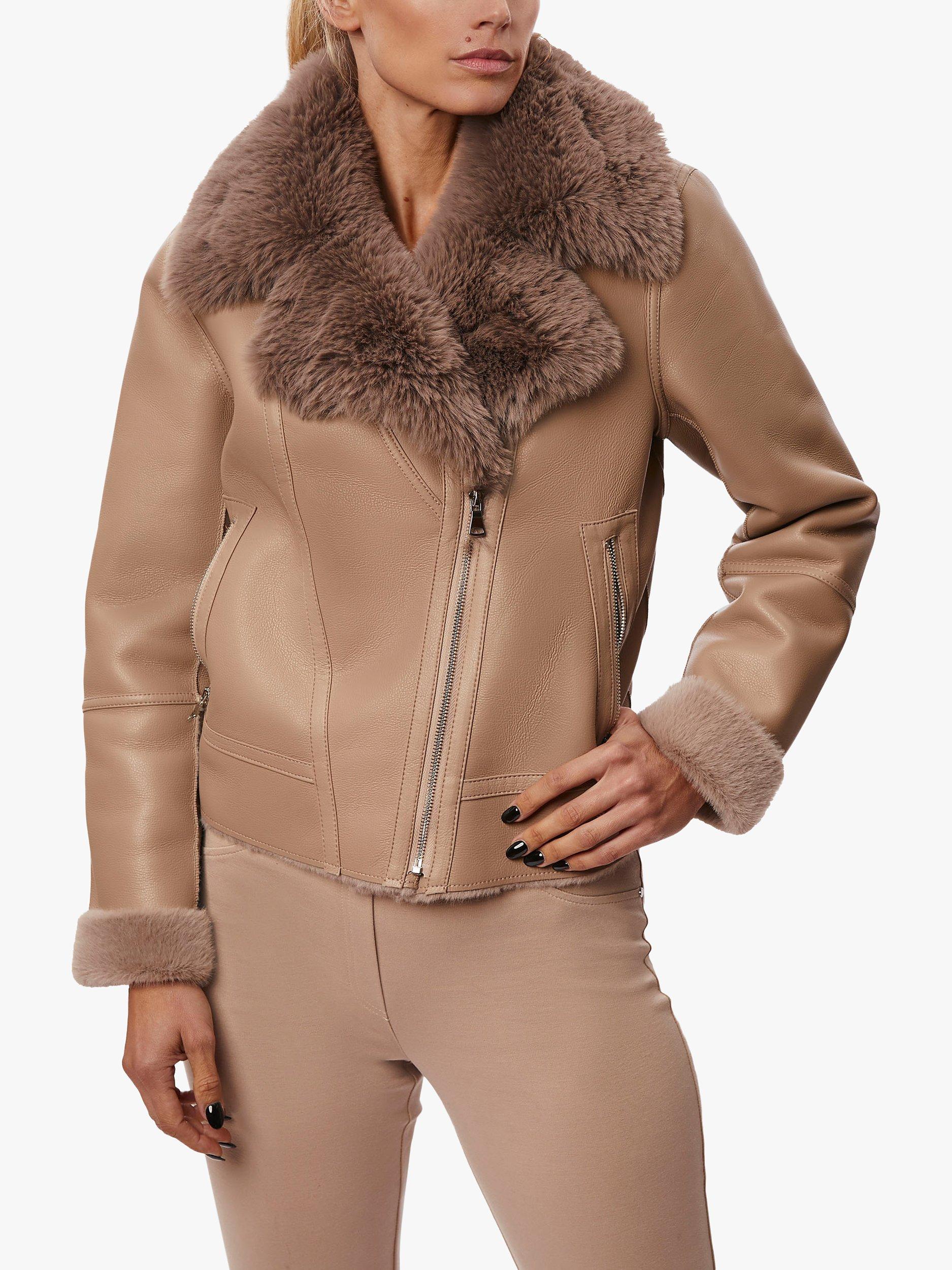 James Lakeland Faux Leather Faux Fur Trim Jacket Taupe