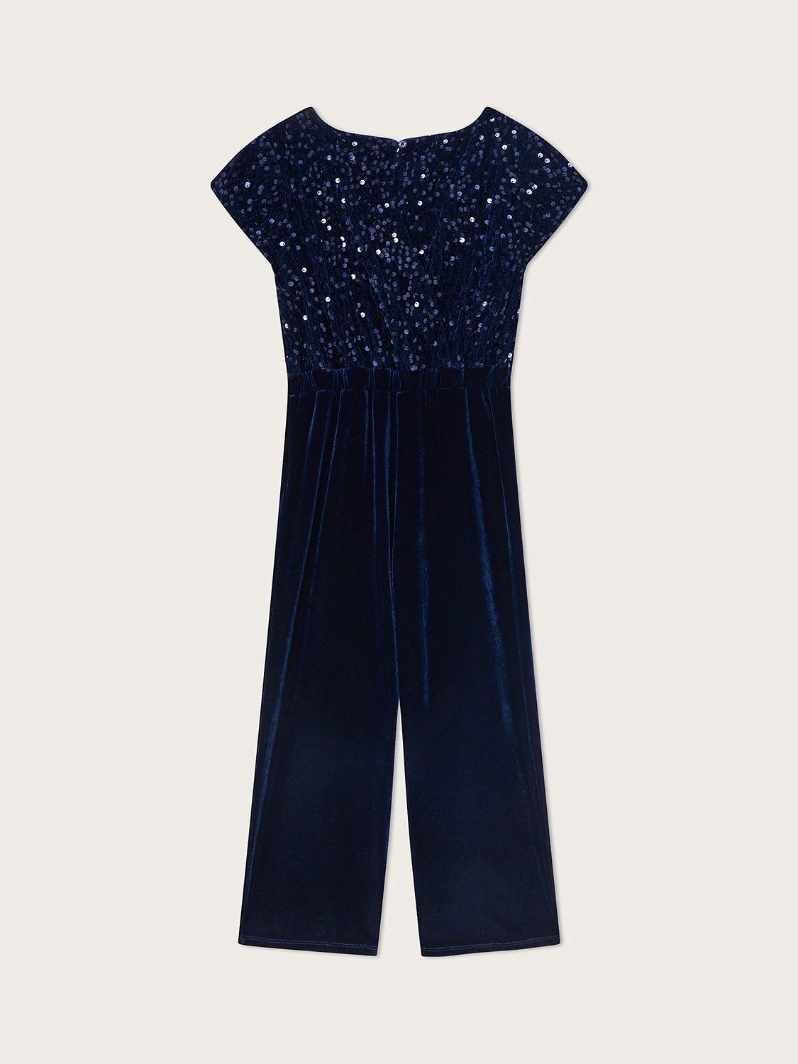 Product image 2 of 3, which shows Monsoon Kids' Amy Sequin Jumpsuit, Navy, 3-4 years