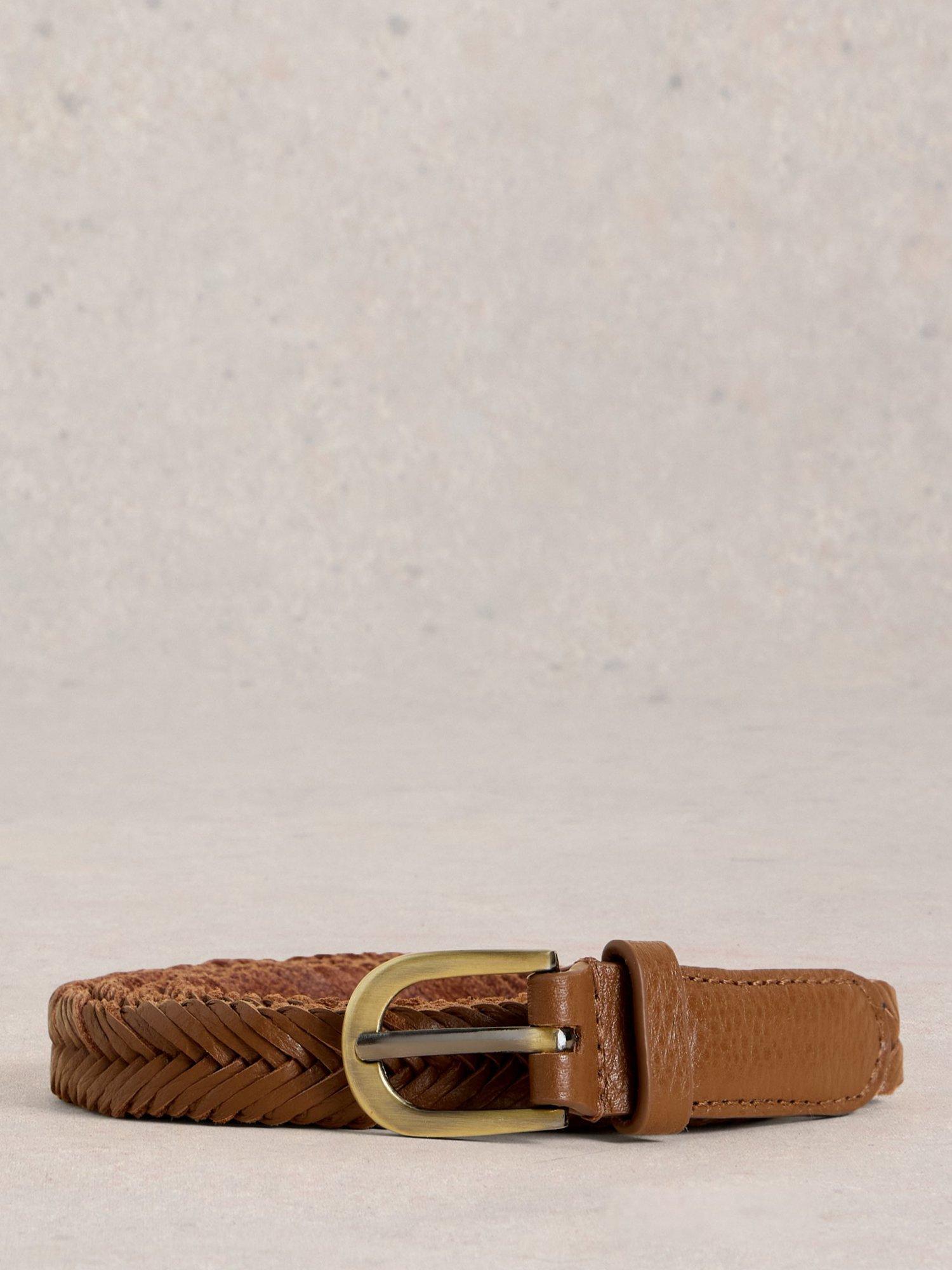 White Stuff Plaited Leather Skinny Belt, Mid Tan