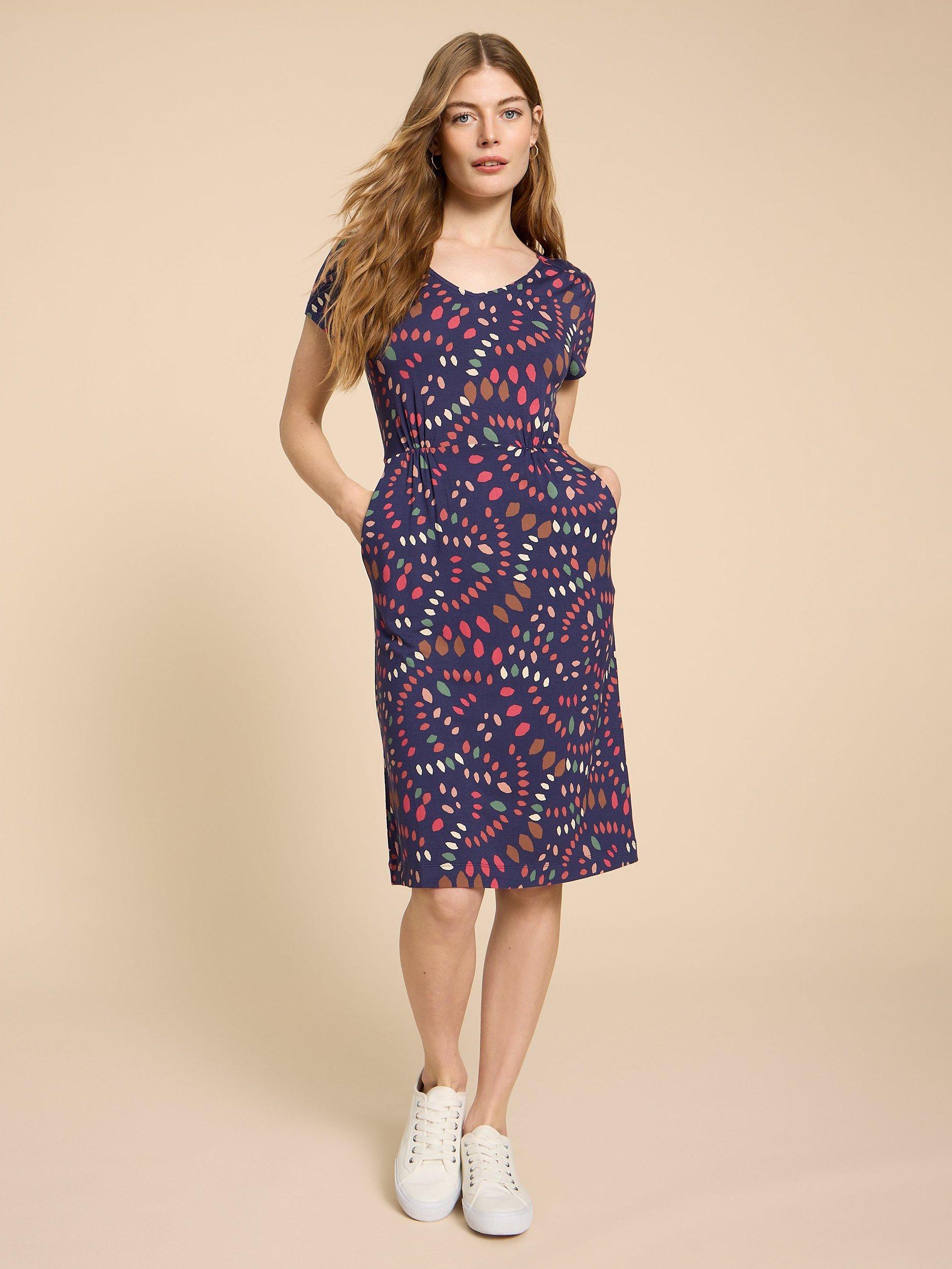White Stuff Tallie Abstract EcoVero Jersey Knee Length Dress Navy