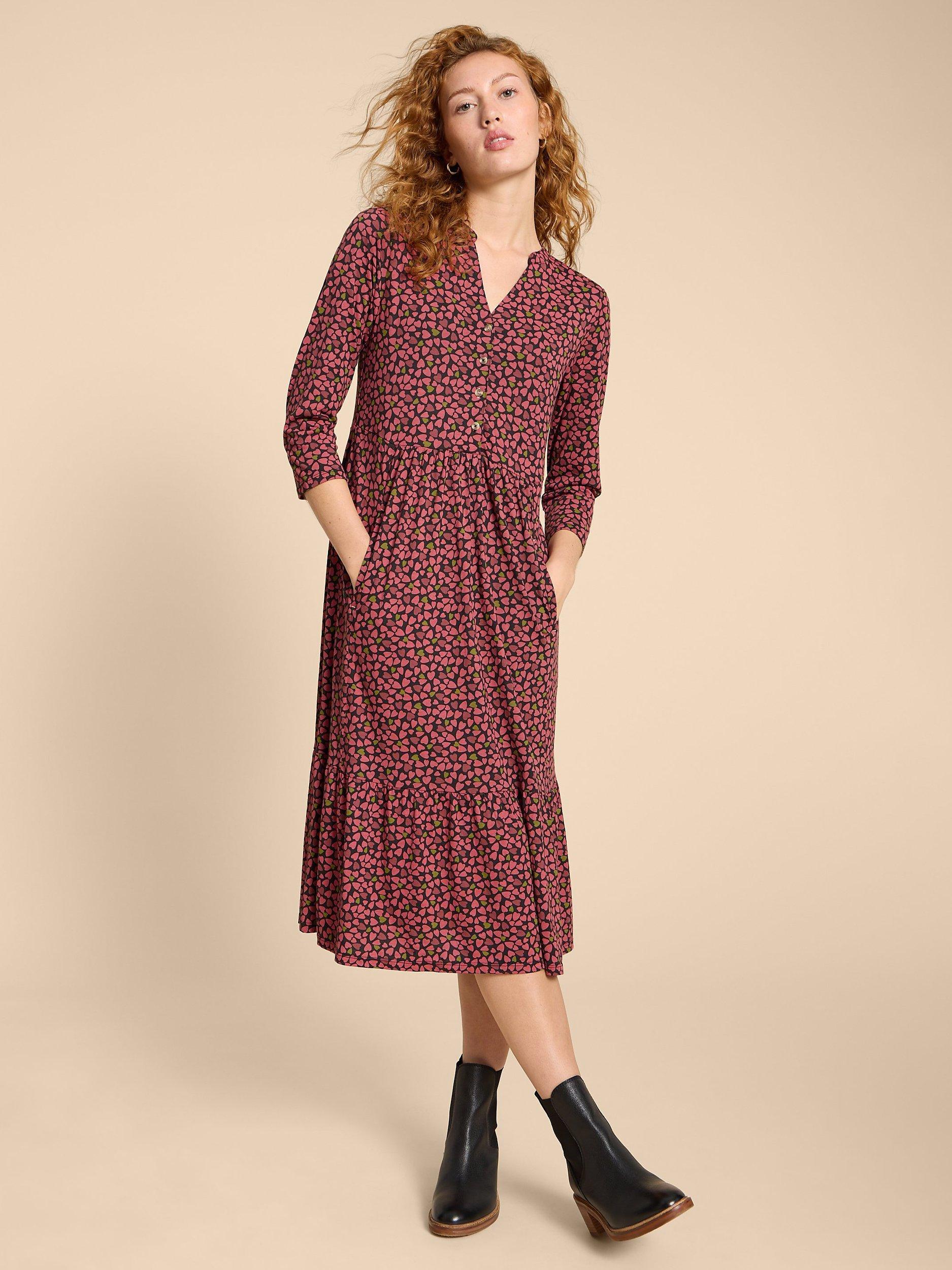 White Stuff Naya Heart Print Tiered Jersey Dress, Pink