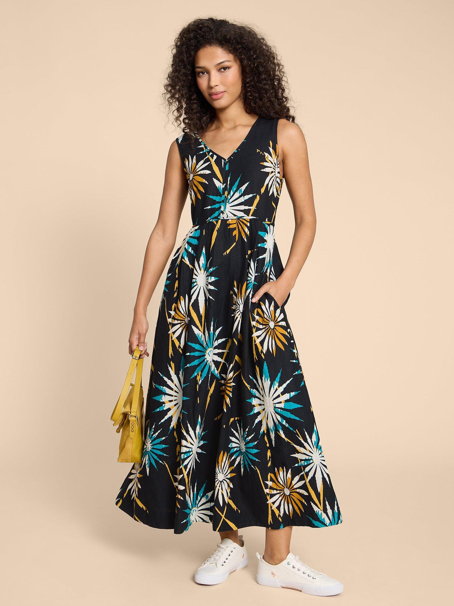Product image 1 of 6, which shows White Stuff  Gigi Linen Blend Maxi Dress, Black/Multi, 6