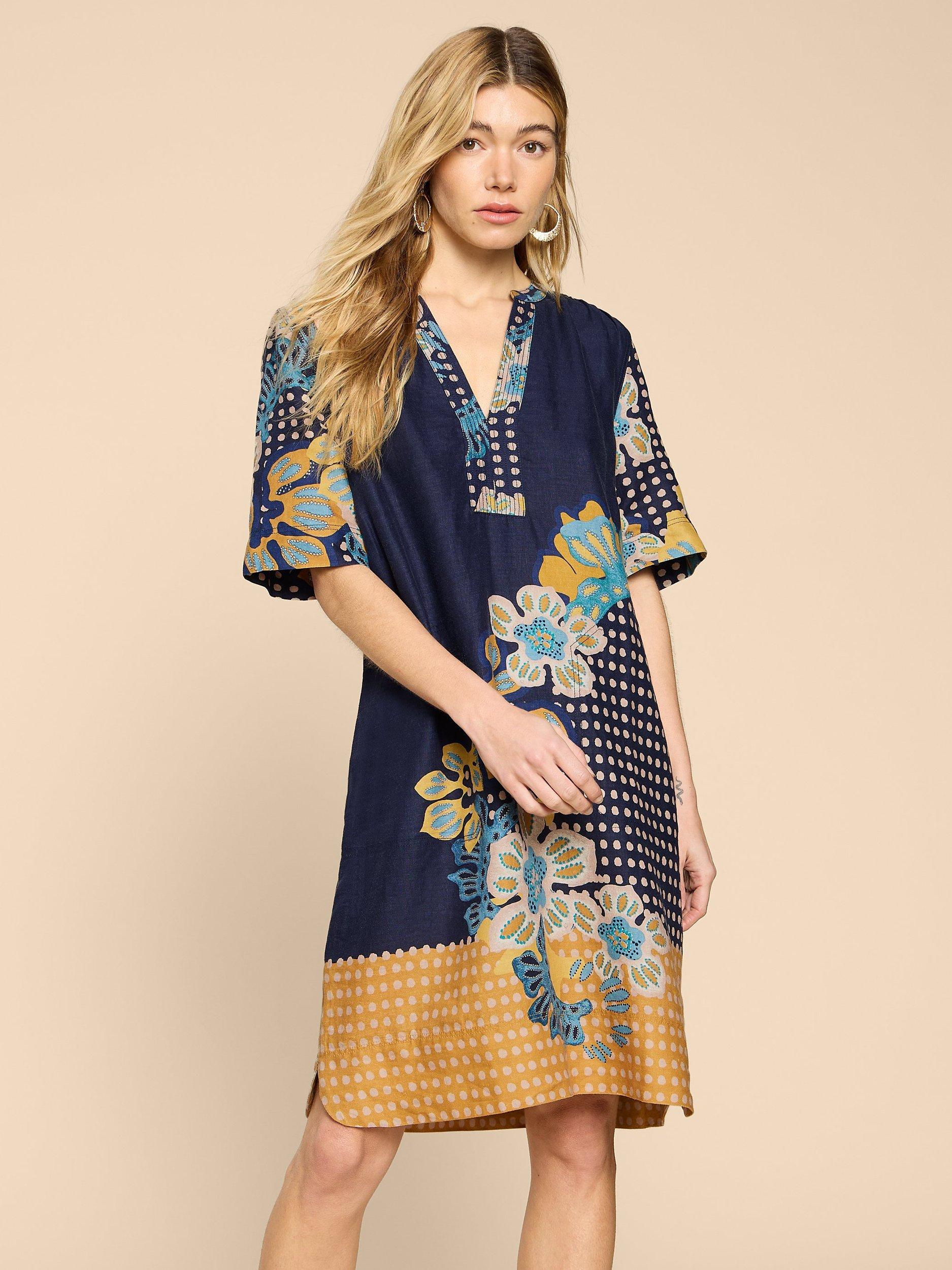 White Stuff June Abstract Print Linen Shift Dress Navy Multi