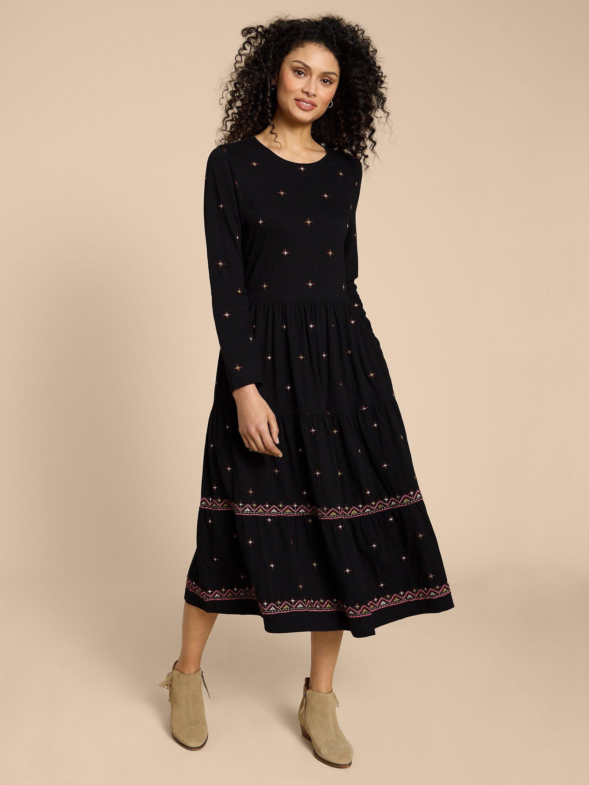 White Stuff Poppy Organic Cotton Embroidered Jersey Dress, Grey/Multi