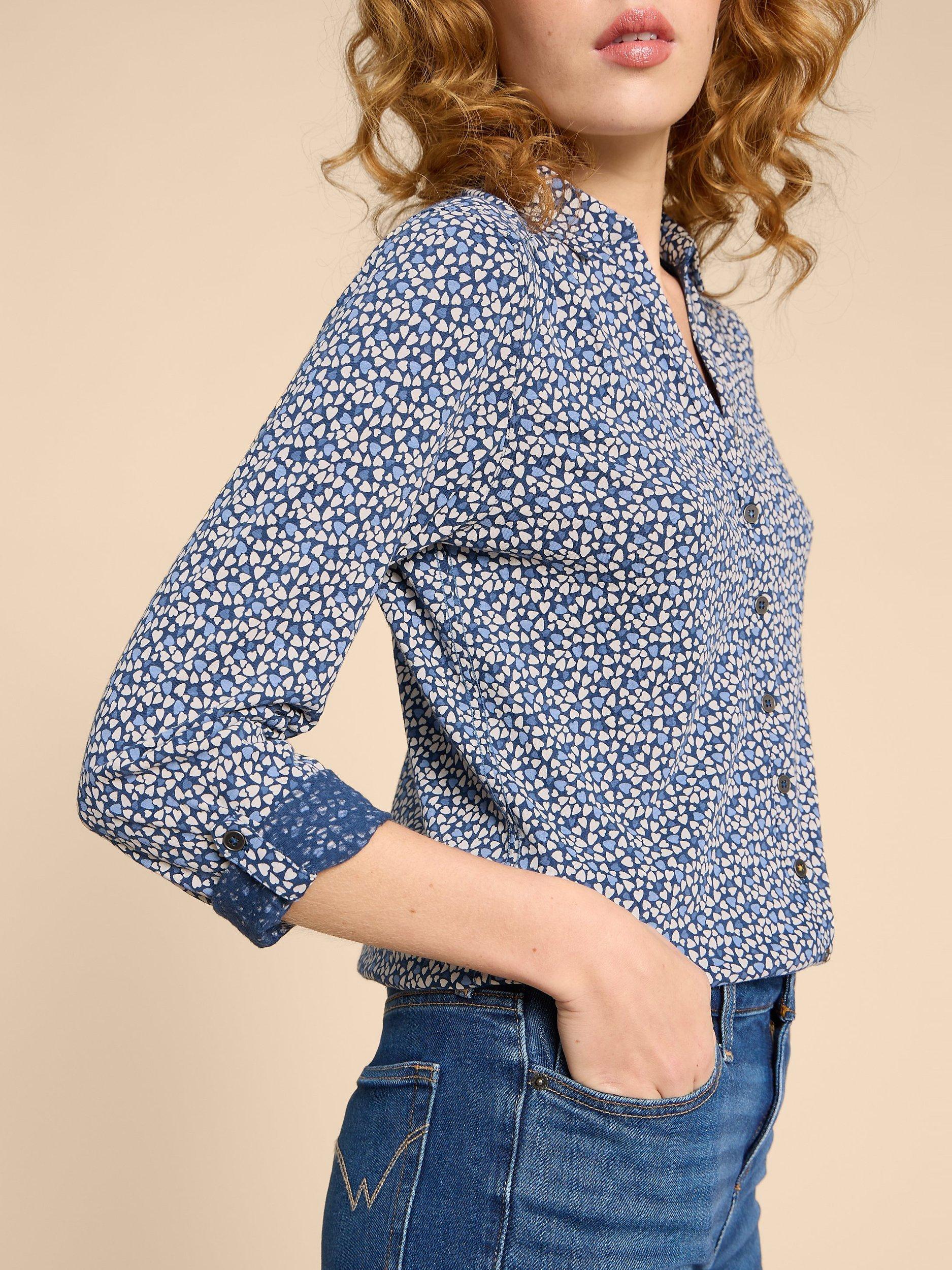 Product image 3 of 8, which shows White Stuff Annie Heart Print Jersey Cotton Shirt, Blue, 18