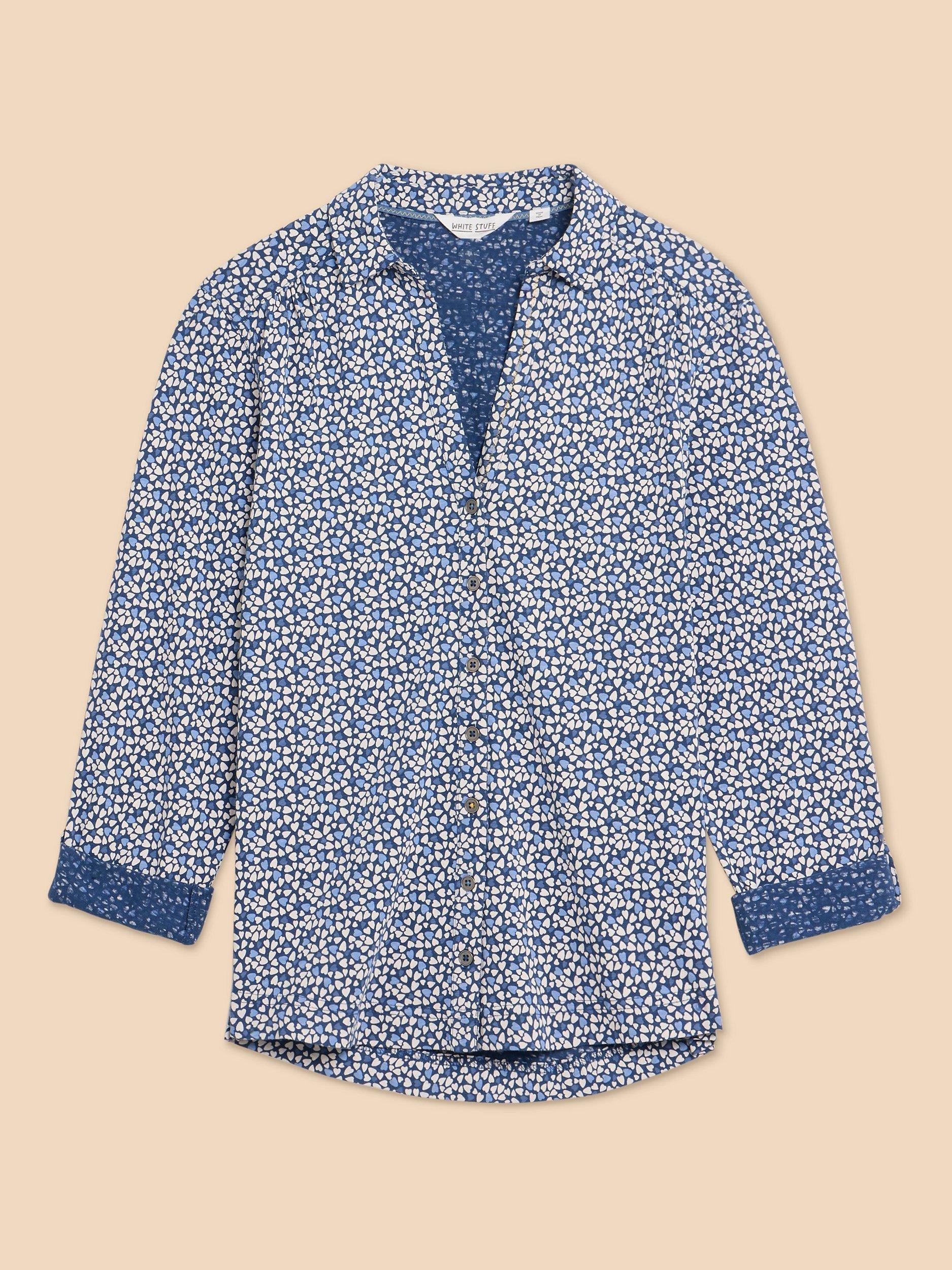 Product image 5 of 8, which shows White Stuff Annie Heart Print Jersey Cotton Shirt, Blue, 18