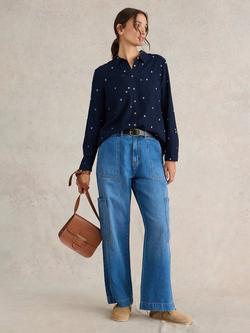 White Stuff Sophie Organic Cotton Blend Heart Print Shirt, Dark Navy