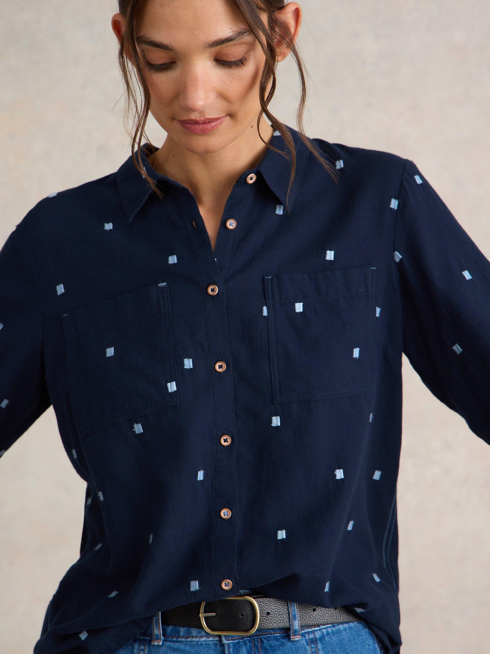 Product image 3 of 7, which shows White Stuff Sophie Organic Cotton Blend Heart Print Shirt, Dark Navy, 6