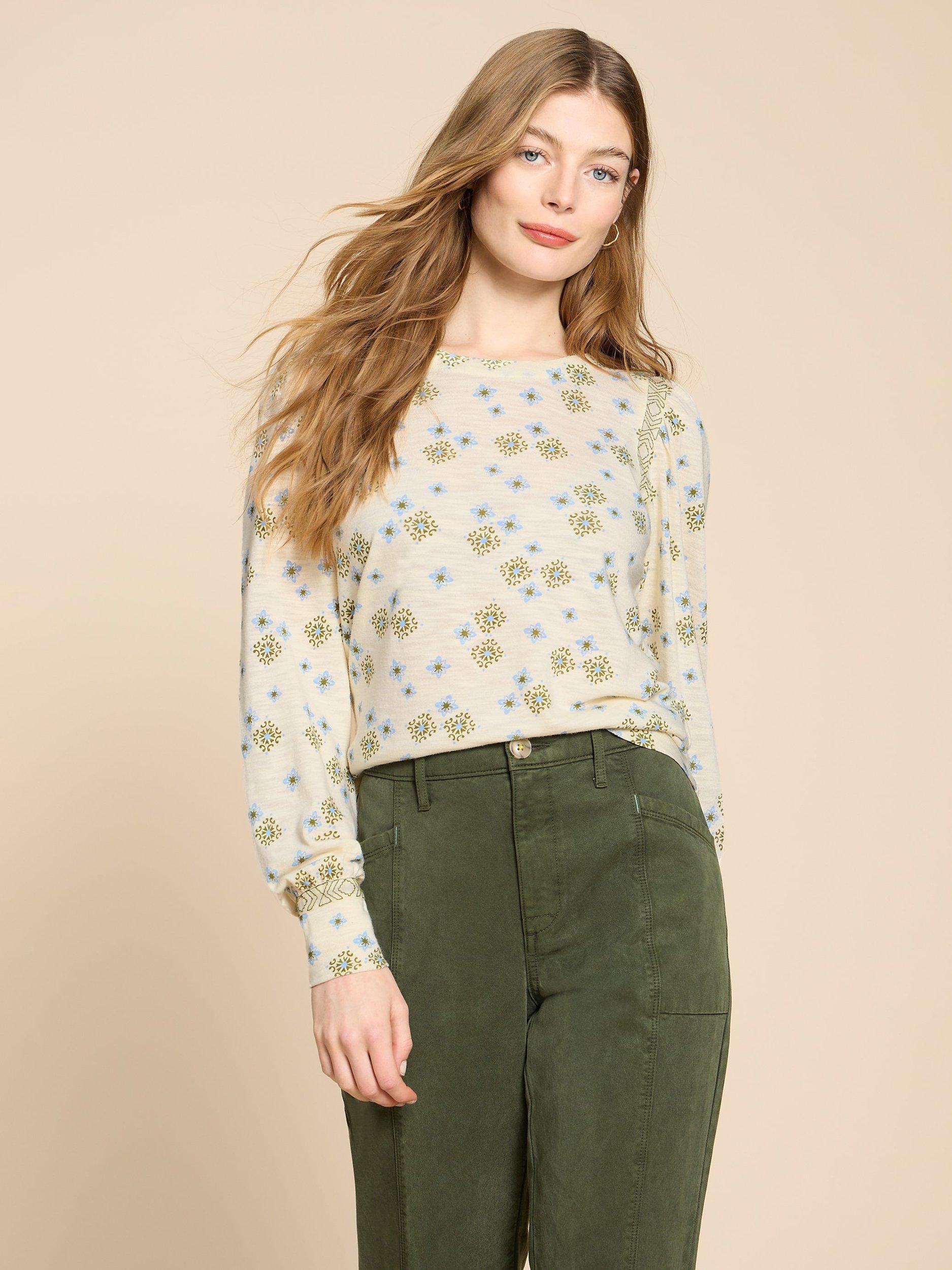 White Stuff Blake Cotton Blend Puff Sleeve Top, Ivory/Multi