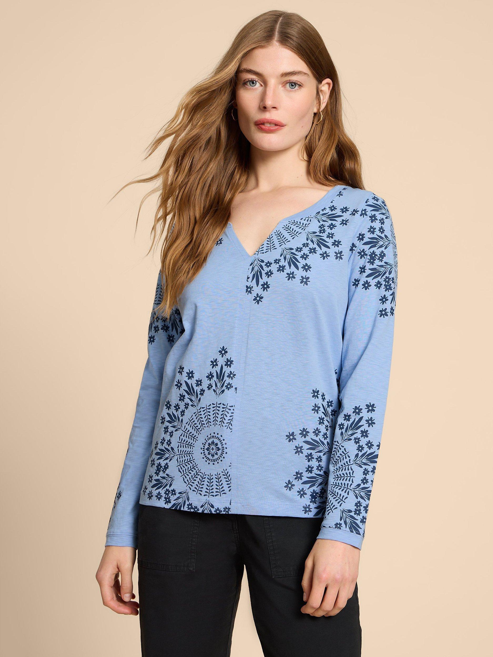 White Stuff Nelly Long Sleeve Floral Print T-Shirt, Blue/Multi