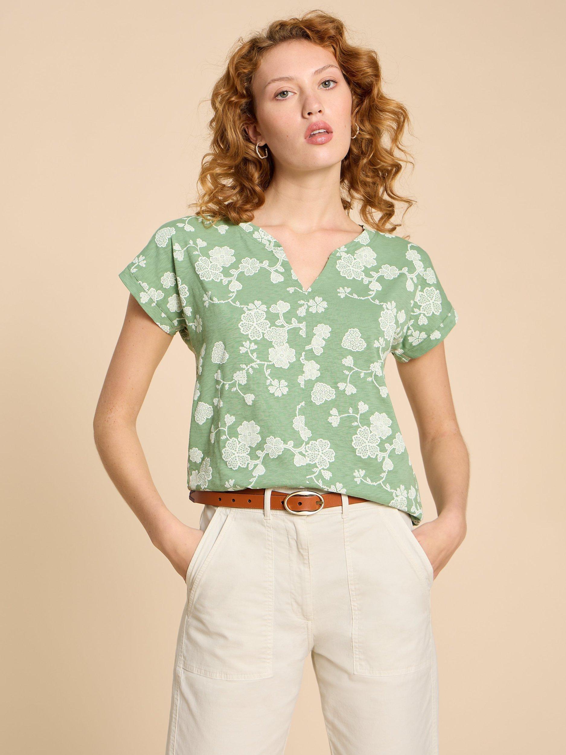 White Stuff Nelly Floral Print Notch Neck T-Shirt, Green