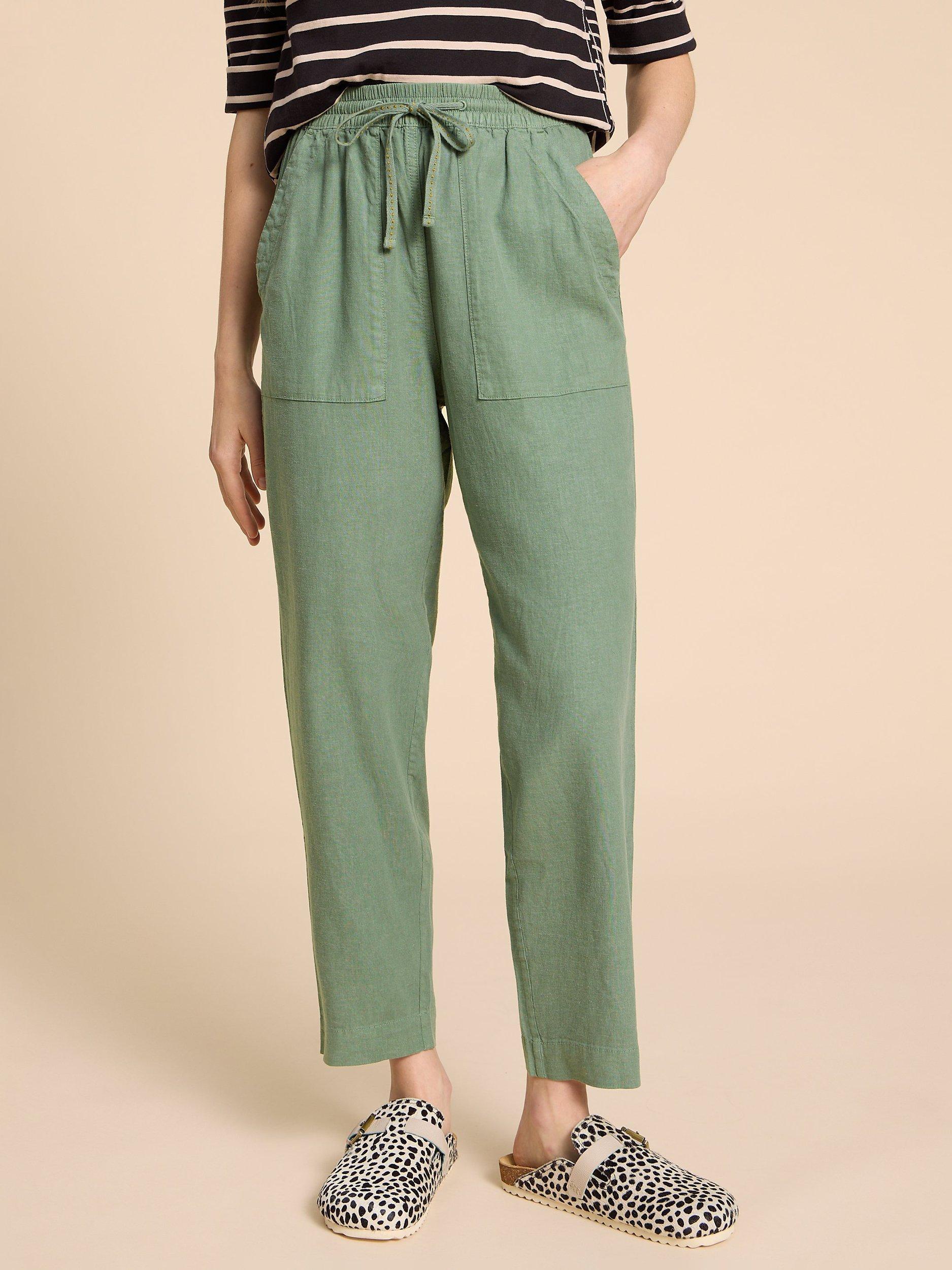 White Stuff Elle Linen Blend Trousers, Mid Green, 10