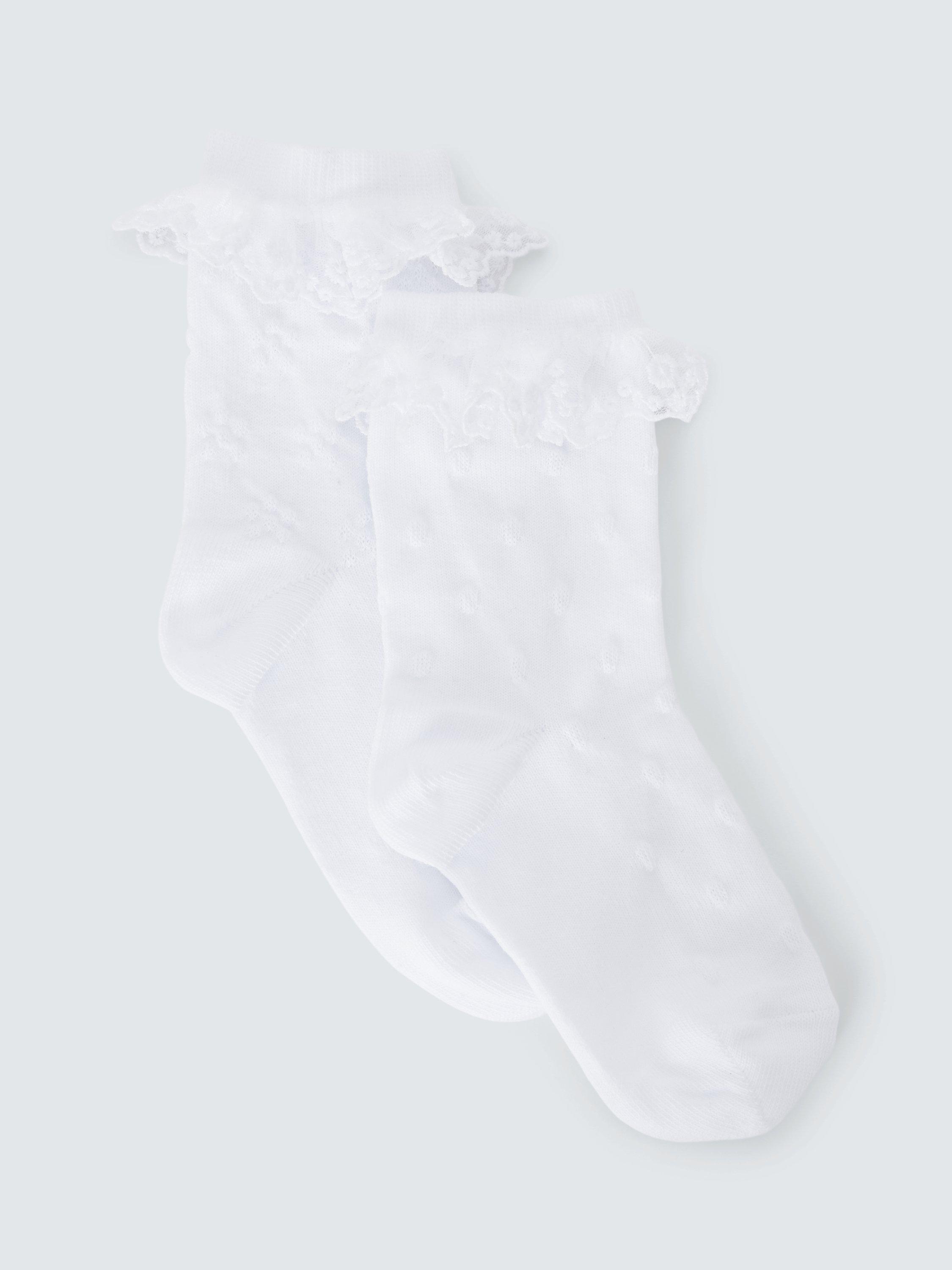 Product image 1 of 2, which shows John Lewis Kids' Frill Top Socks, Pack of 2, White, 6-8.5 Jnr