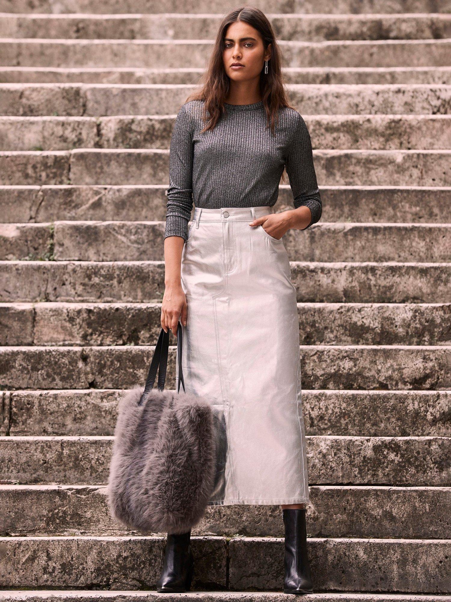 Mint Velvet Metallic Denim Midi Skirt, Silver