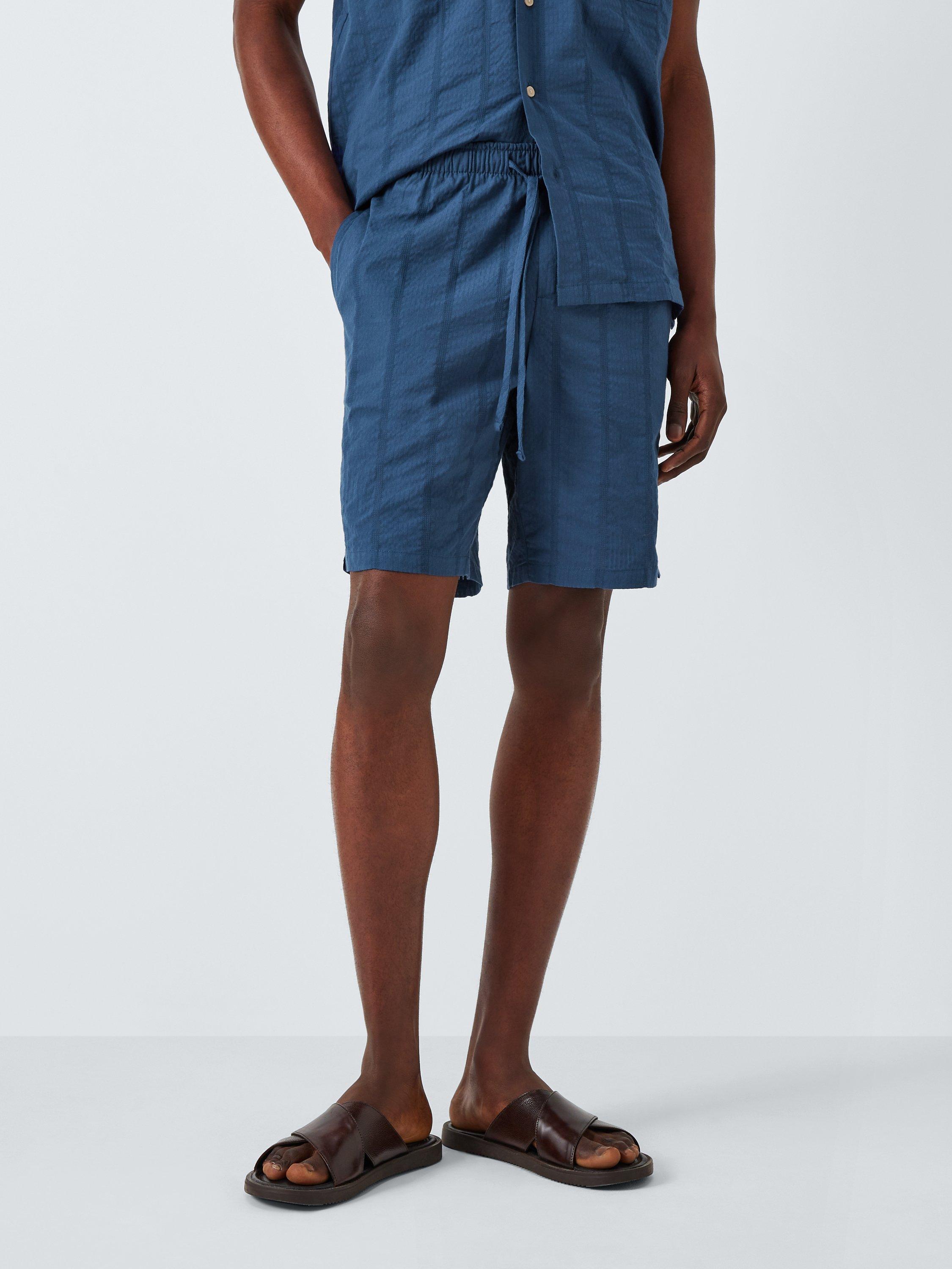 John Lewis Organic Cotton Seersucker Stripe Lounge Shorts, Indigo